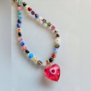 Girls Beaded Necklace w/ Red & Pink Charm | Age 4+